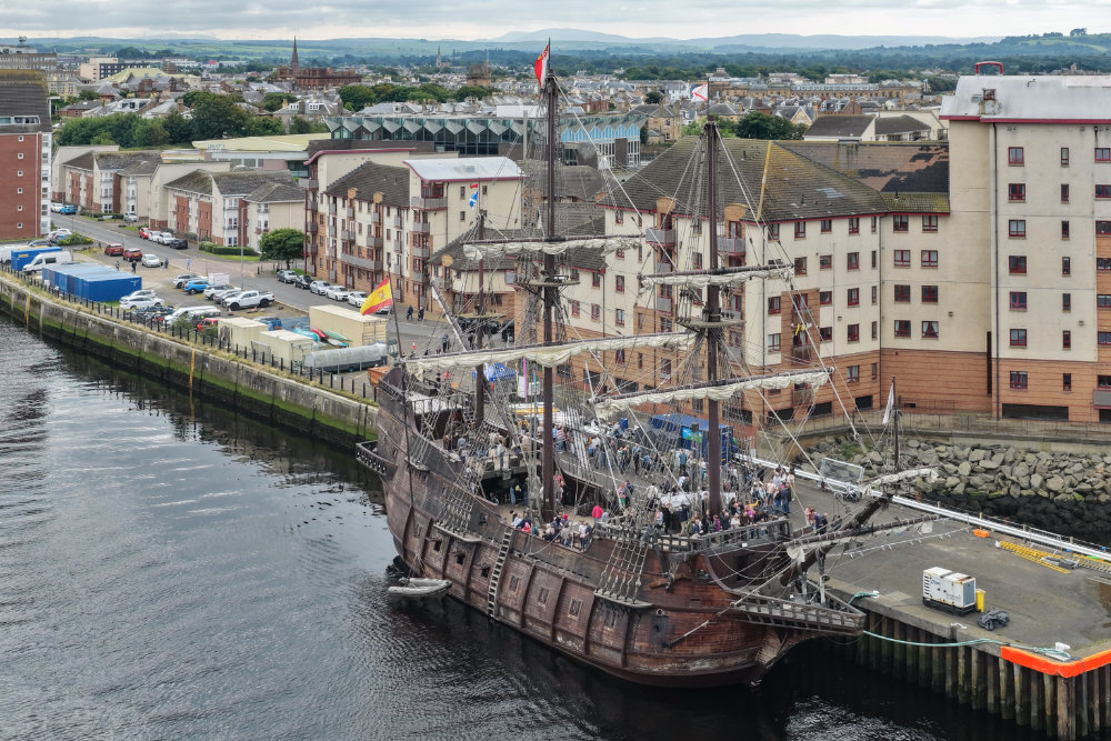 The Galleon Andalucia moored at Ayr Harbour in August 2026, licensable aerial photograph