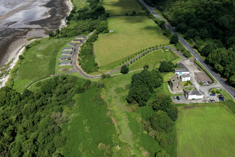 Carsluith Castle, Wigtown Bay, Dumfries and Galloway, licensable aerial photograph