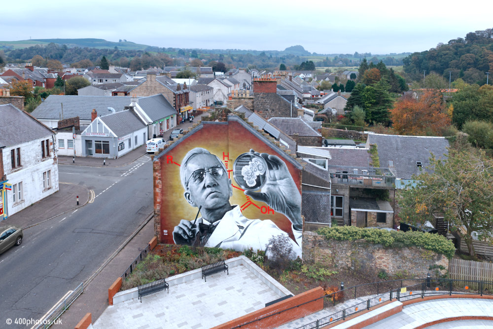 Sir Alexander Fleming Mural, The Corner, Darvel, aerial photograph