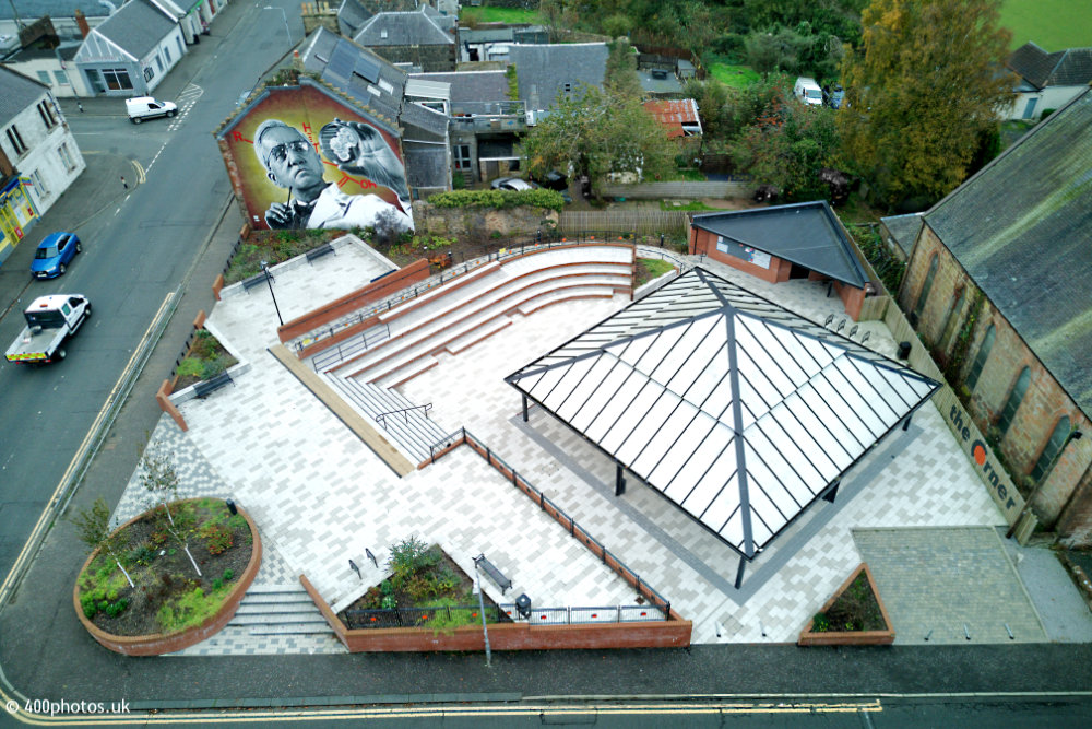 Sir Alexander Fleming Mural, The Corner, Darvel, aerial photograph