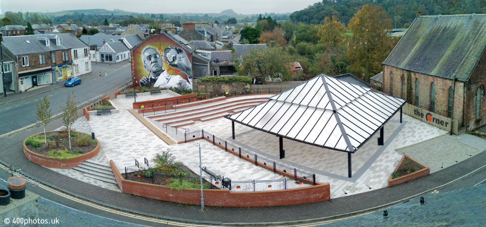 Sir Alexander Fleming Mural, The Corner, Darvel, aerial photograph