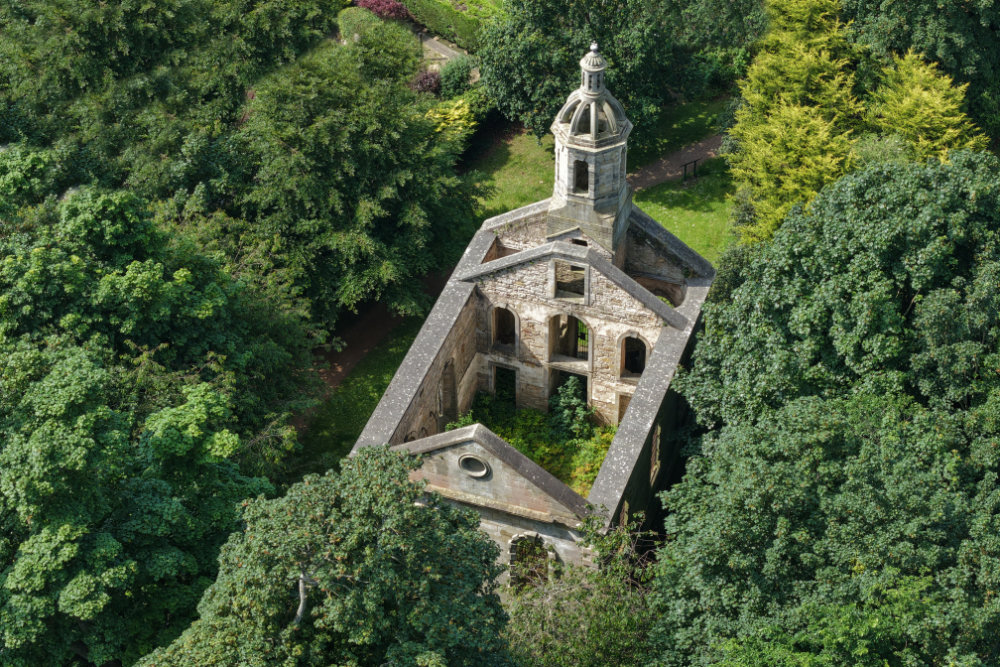 Donibristle Chapel, Dalgety Bay, Fife, licensable aerial photograph