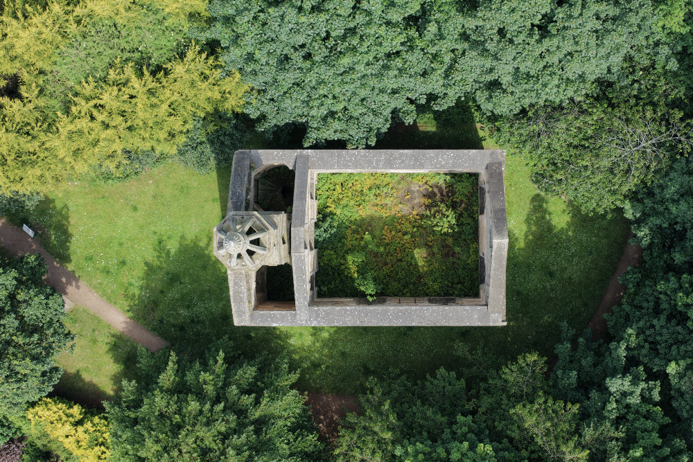 Donibristle Chapel, Dalgety Bay, Fife, licensable aerial photograph