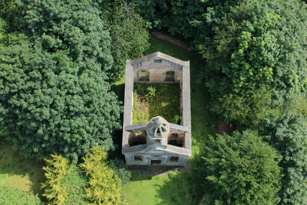 Donibristle Chapel, Dalgety Bay, Fife, licensable aerial photograph