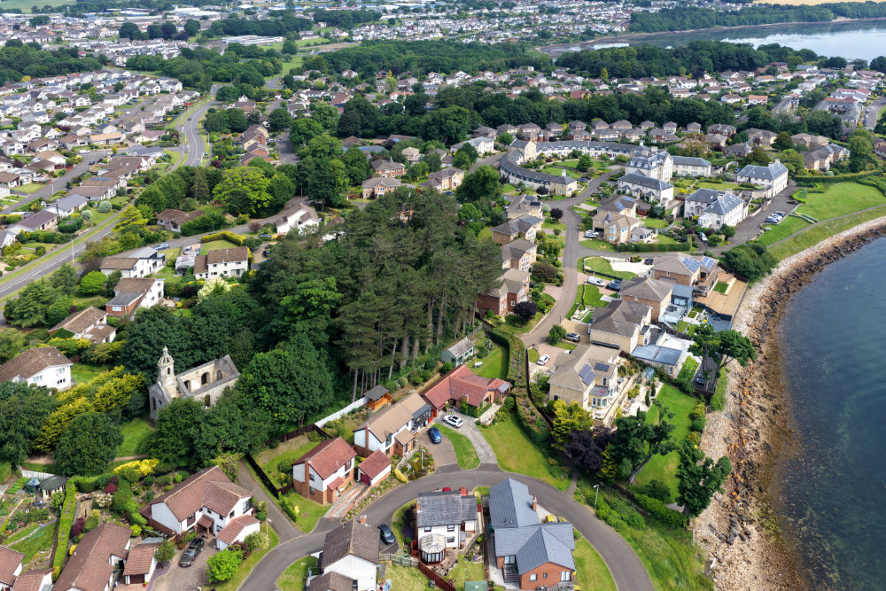 Donibristle Chapel, Dalgety Bay, Fife, licensable aerial photograph