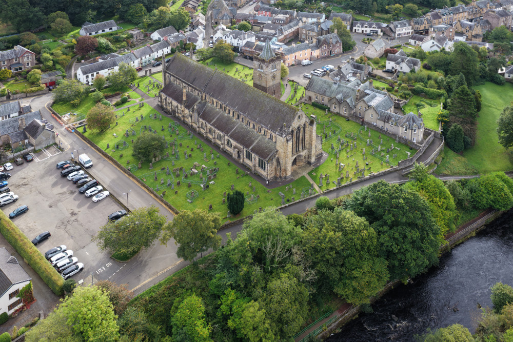 Dunblane Cathedral, north of Stirling on the banks of the Allan Water, licensable aerial photograph