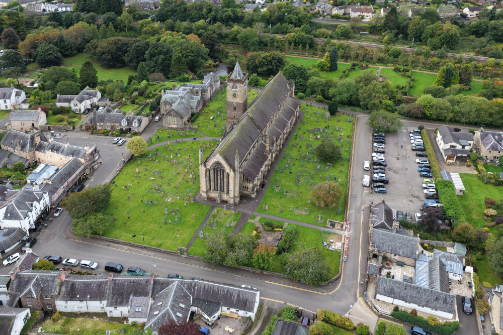 Dunblane Cathedral, north of Stirling on the banks of the Allan Water, licensable aerial photograph