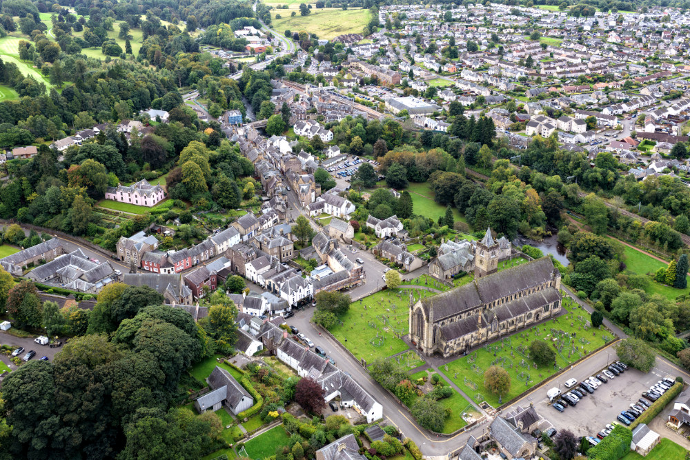 Dunblane Cathedral, north of Stirling on the banks of the Allan Water, licensable aerial photograph