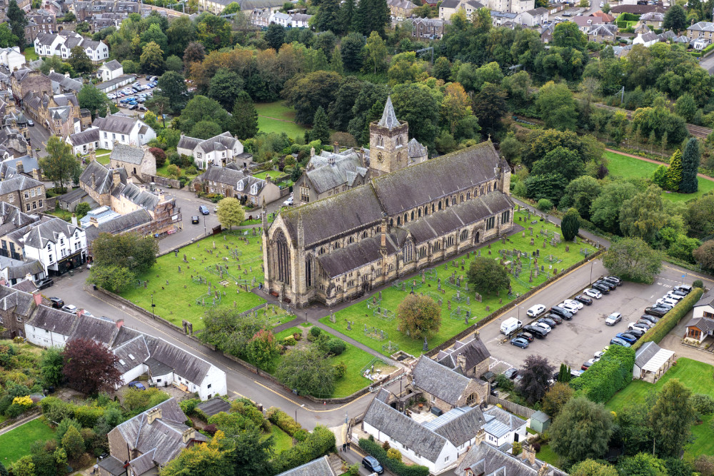 Dunblane Cathedral, north of Stirling on the banks of the Allan Water, licensable aerial photograph