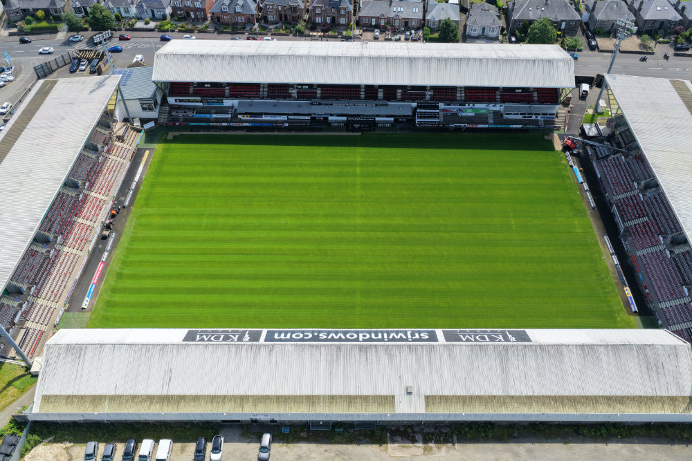 East End Park, Dunfermline Football Club, Fife, Scotland, licensable aerial photograph