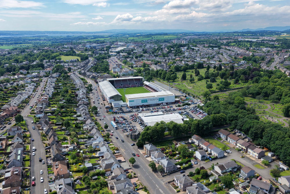 East End Park, Dunfermline Football Club, Fife, Scotland, licensable aerial photograph