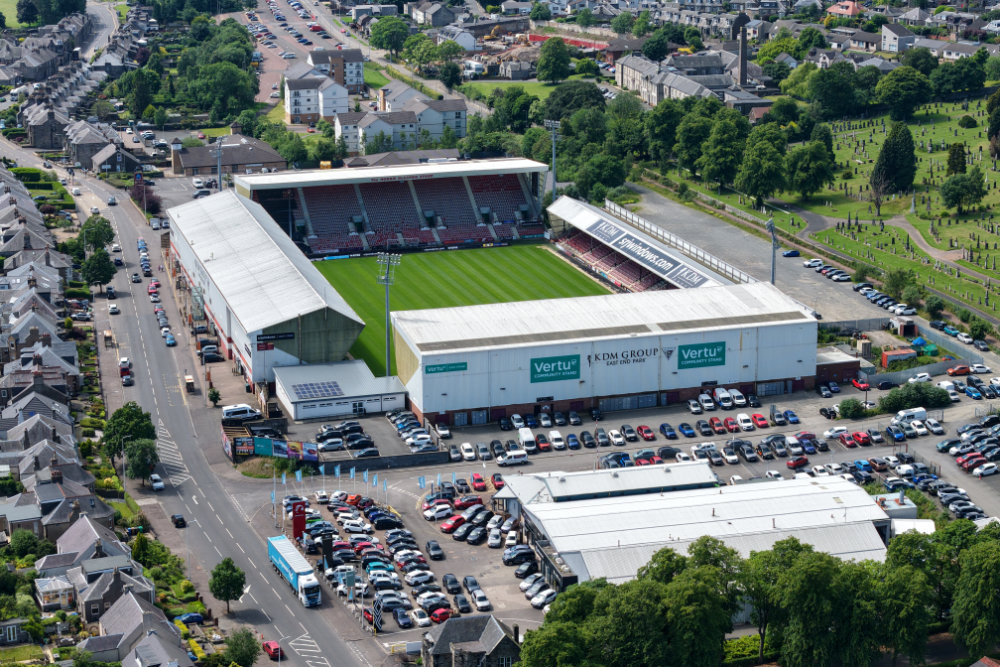 East End Park, Dunfermline Football Club, Fife, Scotland, licensable aerial photograph