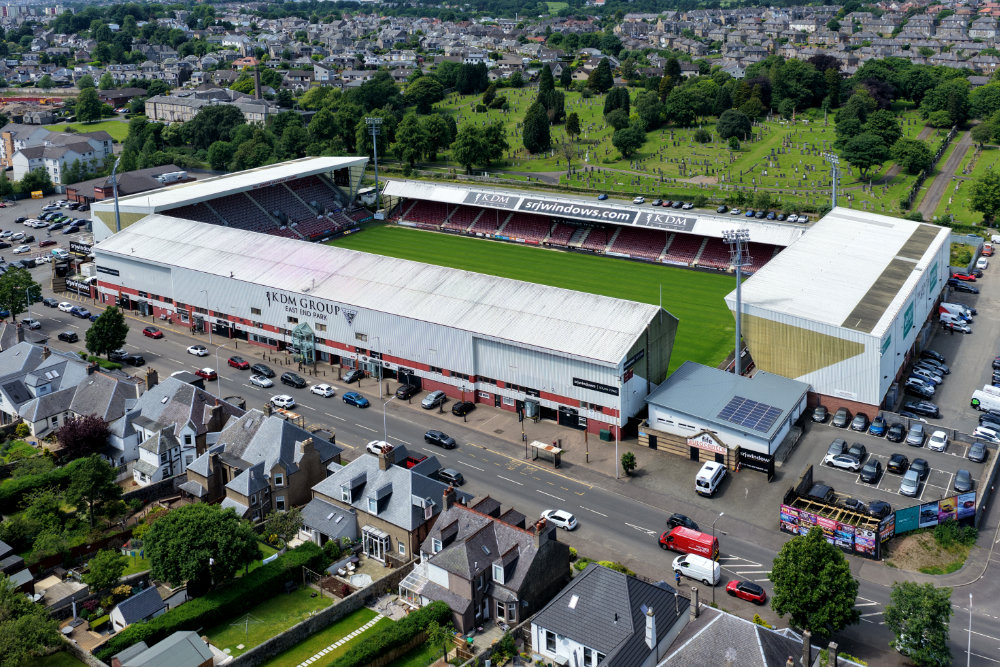 East End Park, Dunfermline Football Club, Fife, Scotland, licensable aerial photograph