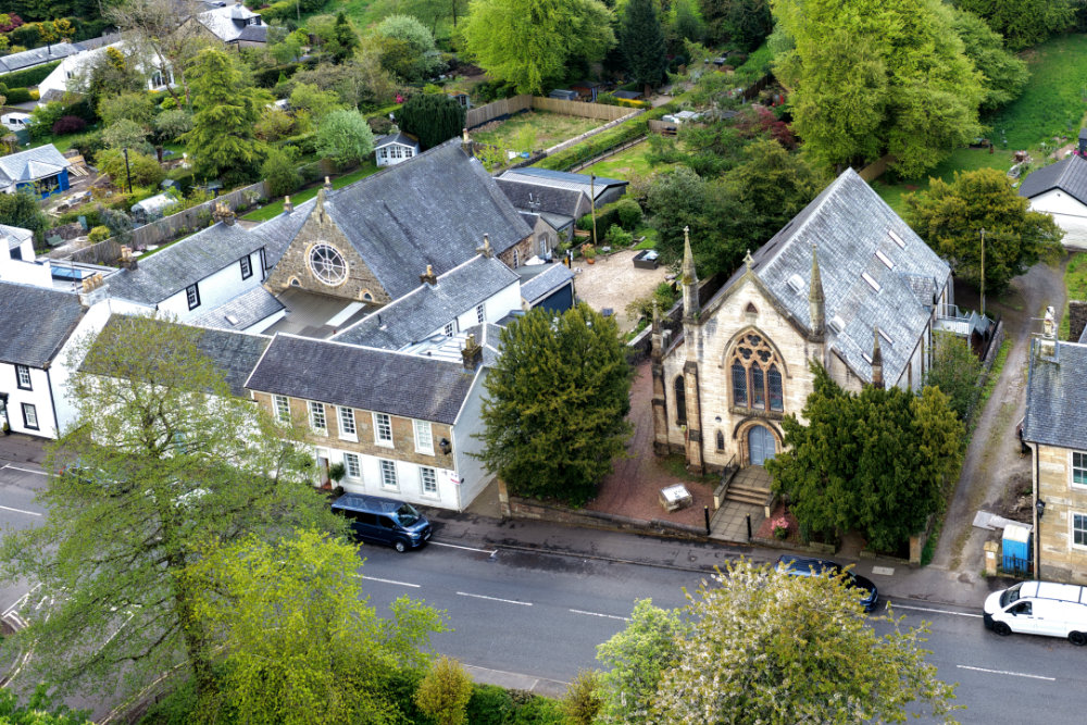 Eaglesham Church, East Renfrewshire, licensable aerial photograph