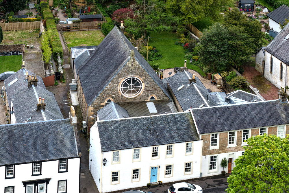 Eaglesham Church, East Renfrewshire, licensable aerial photograph