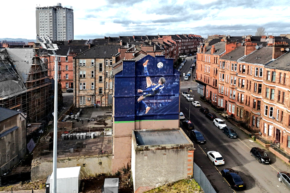 Scott McTominay mural,  Hampden Park, Glasgow, aerial photograph