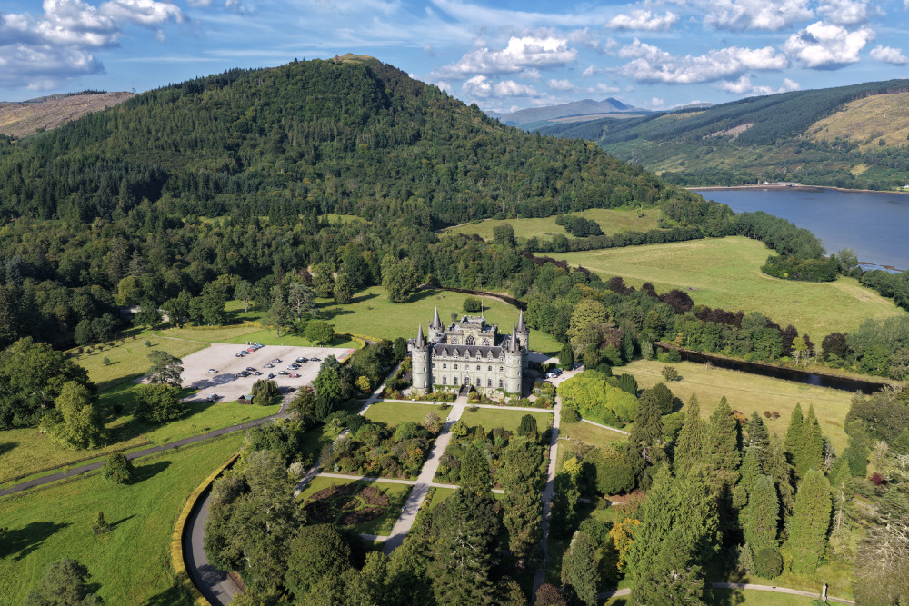 Inveraray Castle on the shores of Loch Fyne, Argyll and Bute, licensable aerial photograph