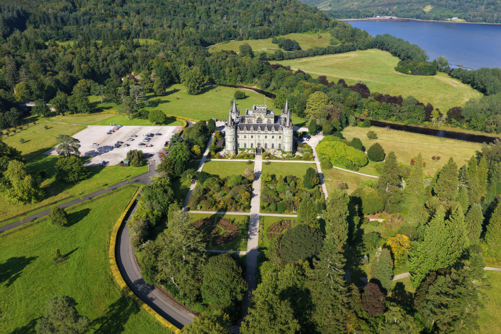 Inveraray Castle on the shores of Loch Fyne, Argyll and Bute, licensable aerial photograph