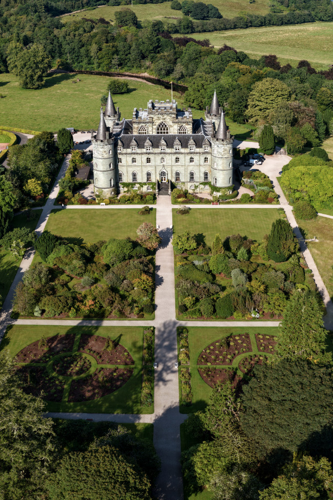Inveraray Castle on the shores of Loch Fyne, Argyll and Bute, licensable aerial photograph