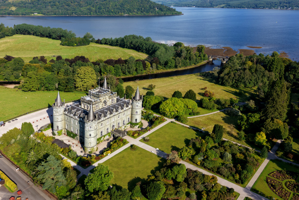 Inveraray Castle on the shores of Loch Fyne, Argyll and Bute, licensable aerial photograph