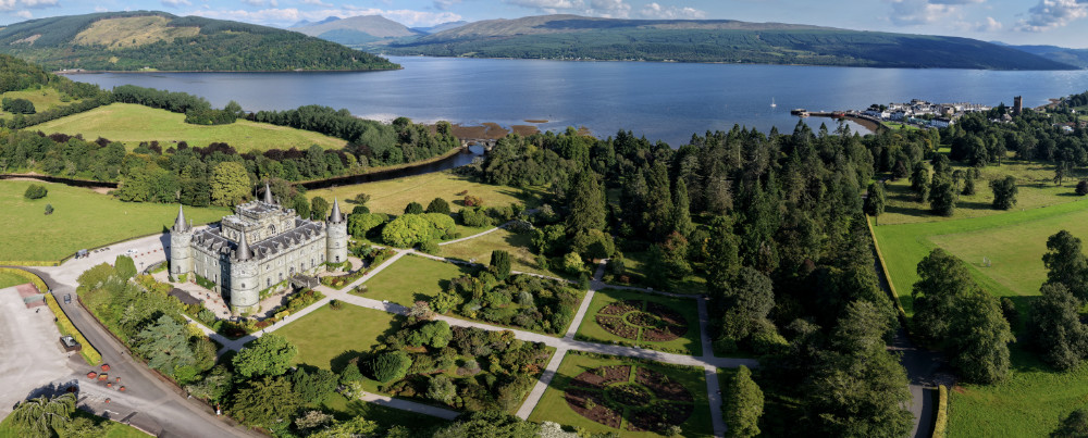 Inveraray Castle on the shores of Loch Fyne, Argyll and Bute, licensable aerial photograph