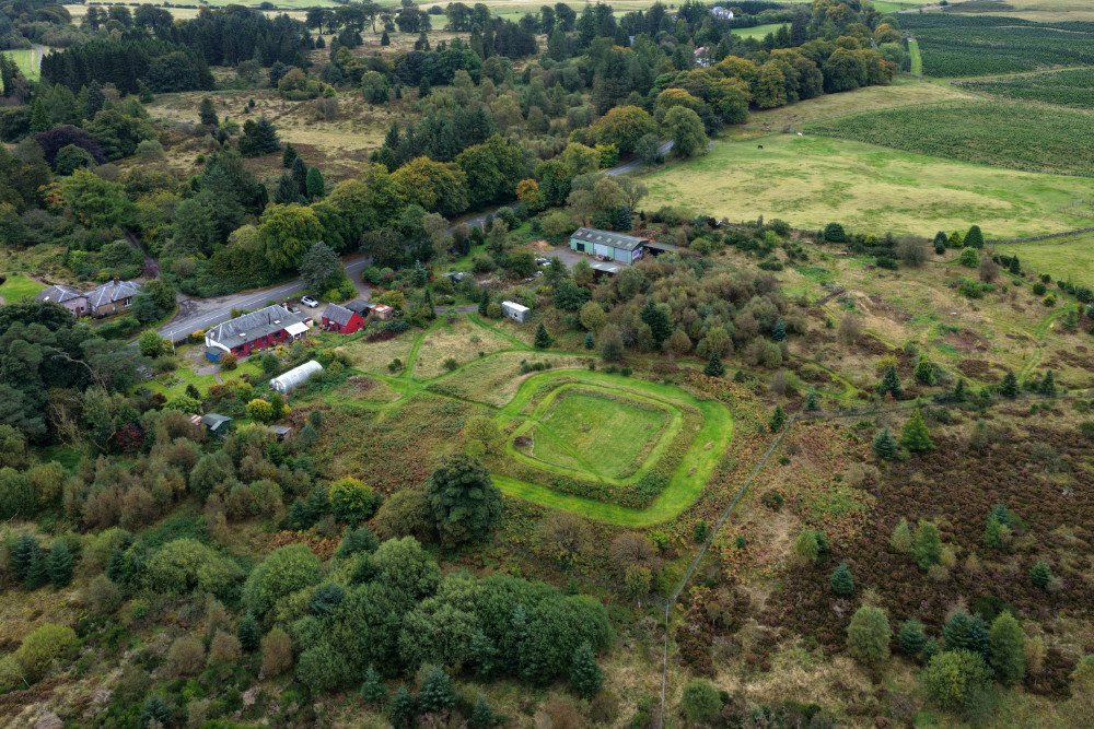 Kaims Castle Roman Fortlet, near Braco, Perthshire, Scotland, licensable aerial photograph