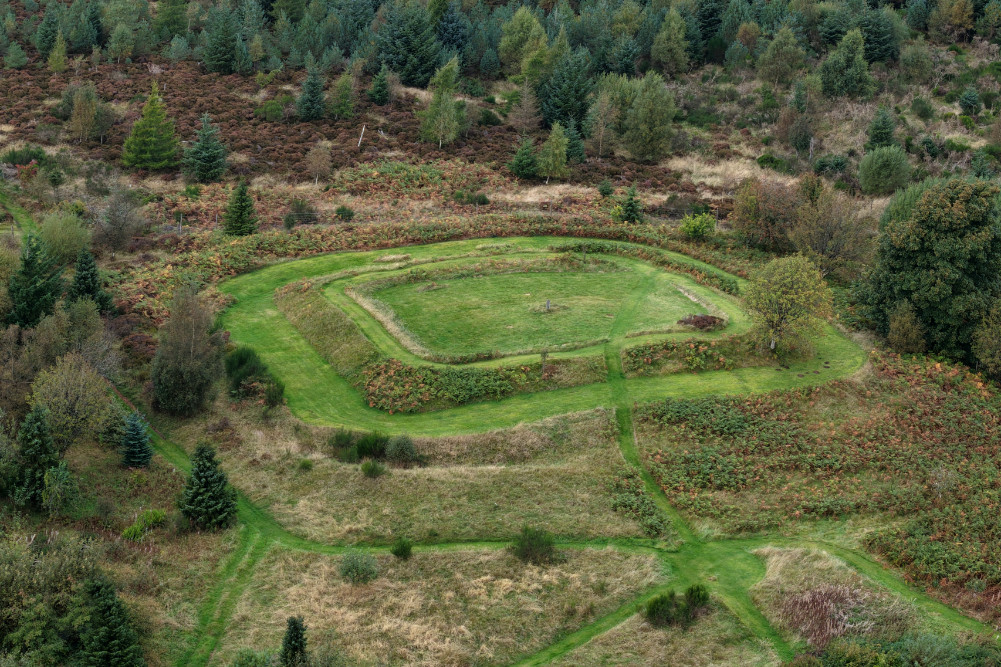 Kaims Castle Roman Fortlet, near Braco, Perthshire, Scotland, licensable aerial photograph