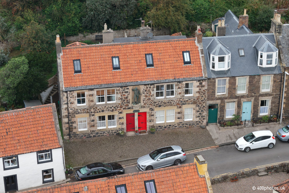 Lower Largo, Robinson Crusoe statue, Fife, aerial photograph
