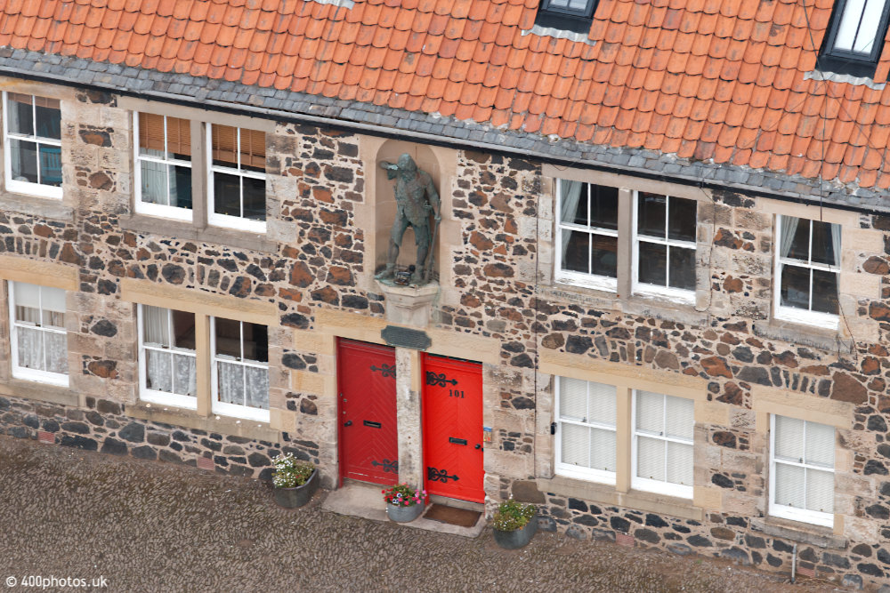 Lower Largo, Robinson Crusoe statue, Fife, aerial photograph