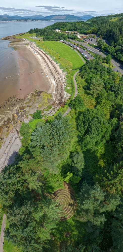 Lunderston Labyrinth, Lunderston Bay, north of Inverkip in Inverclyde, licensable aerial photograph