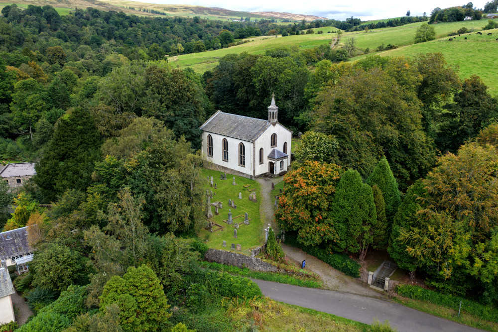 Monzie Church, Monzie, by Crieff, Perthshire, Scotland, licensable aerial photographs