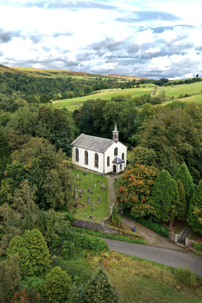 Monzie Church, Monzie, by Crieff, Perthshire, Scotland, licensable aerial photographs