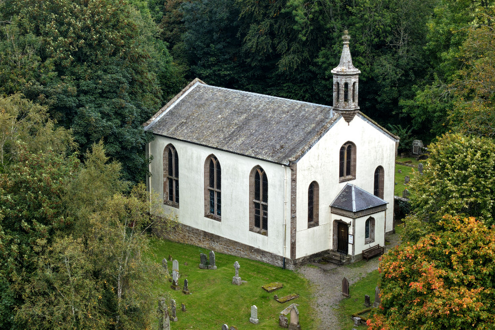 Monzie Church, Monzie, by Crieff, Perthshire, Scotland, licensable aerial photographs