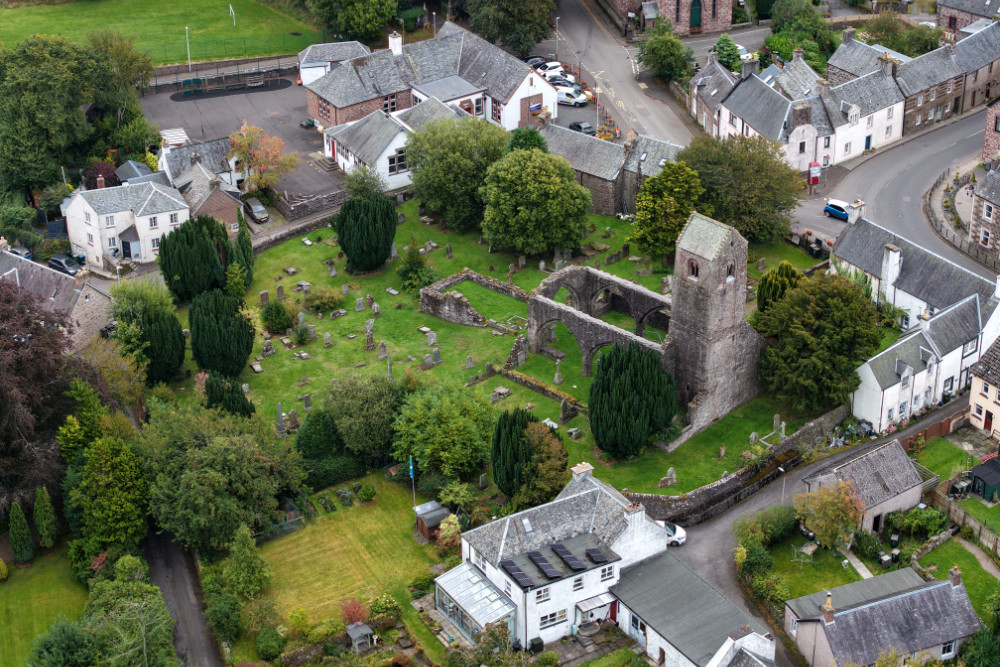Muthill Tower and Church, south of Crieff, Perthshire, Scotland, licensable aerial photograph