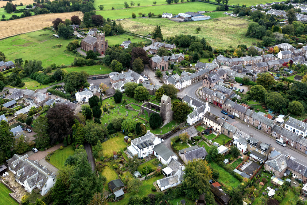 Muthill Tower and Church, south of Crieff, Perthshire, Scotland, licensable aerial photograph