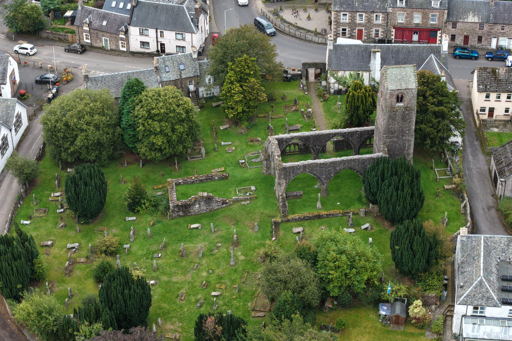 Muthill Tower and Church, south of Crieff, Perthshire, Scotland, licensable aerial photograph