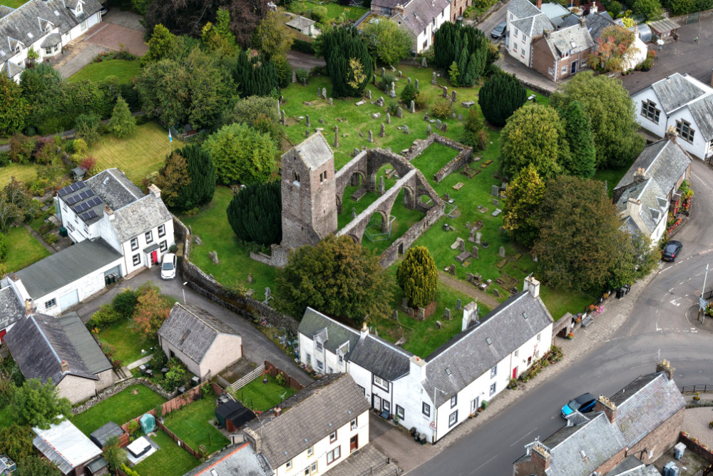 Muthill Tower and Church, south of Crieff, Perthshire, Scotland, licensable aerial photograph