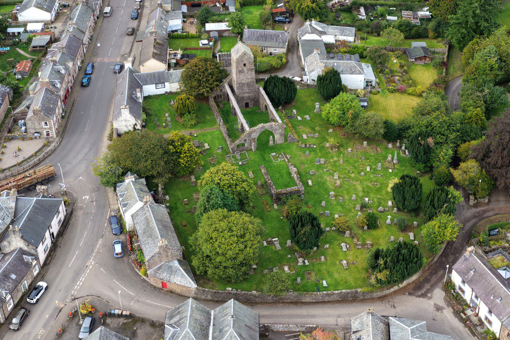 Muthill Tower and Church, south of Crieff, Perthshire, Scotland, licensable aerial photograph