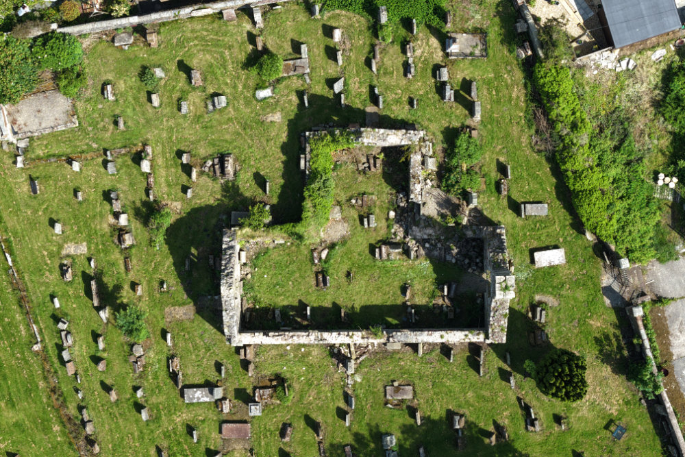 New Cumnock Old Parish Church, in ruins, licensable aerial photograph