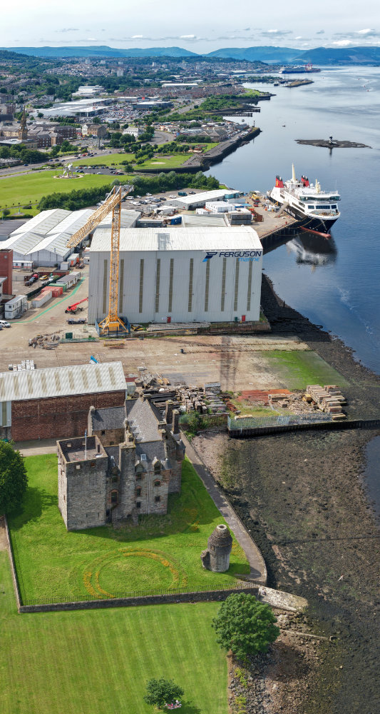 Newark Castle, Port Glasgow, Inverclyde, Scotland, licensable aerial photograph