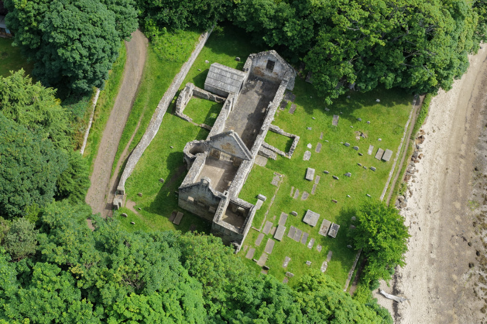 St Bridget's Kirk, Dalgety Bay, Fife, licensable aerial photograph