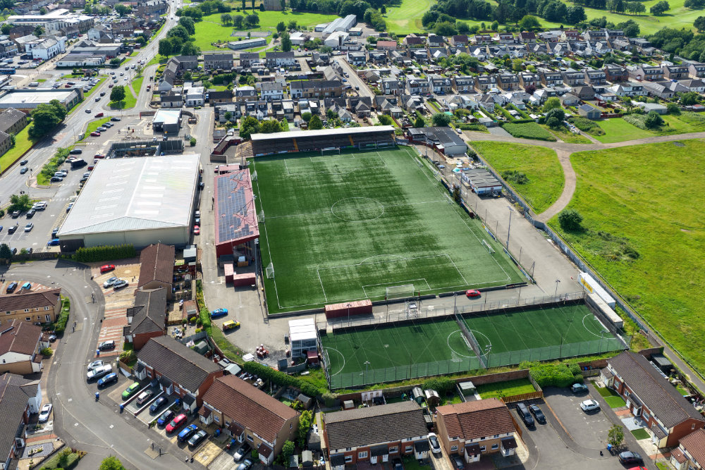Stenhousemuir Football Cub, Stenhousemuir, Scotland, licensable aerial photograph