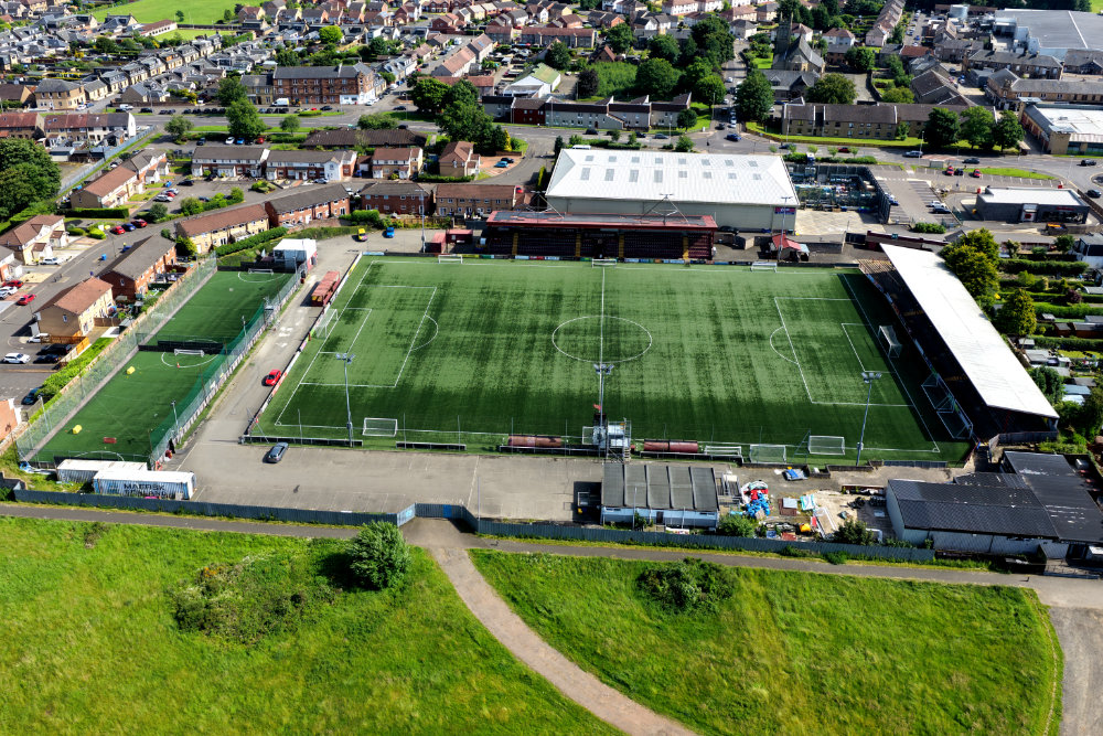 Stenhousemuir Football Cub, Stenhousemuir, Scotland, licensable aerial photograph