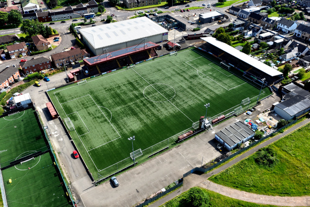 Stenhousemuir Football Cub, Stenhousemuir, Scotland, licensable aerial photograph