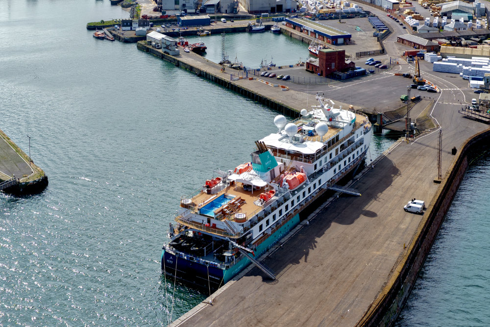 Troon Cruise Ship - Sylvia Earle - Aurora Expeditions, licensable aerial photographs.