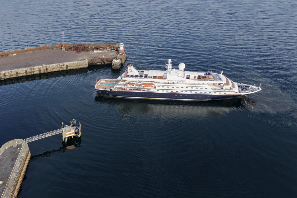 Seadream II from Seadream Yacht Club at Troon, South Ayrshire, Scotland, licensable aerial photographs.