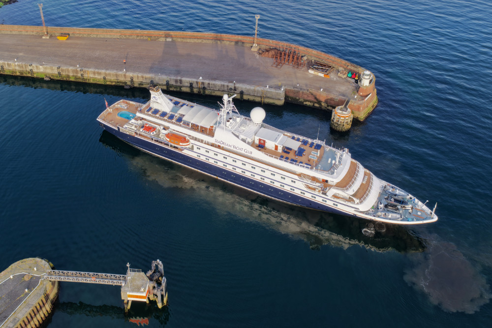 Seadream II from Seadream Yacht Club at Troon, South Ayrshire, Scotland, licensable aerial photographs.