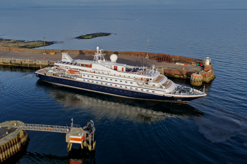 Seadream II from Seadream Yacht Club at Troon, South Ayrshire, Scotland, licensable aerial photographs.